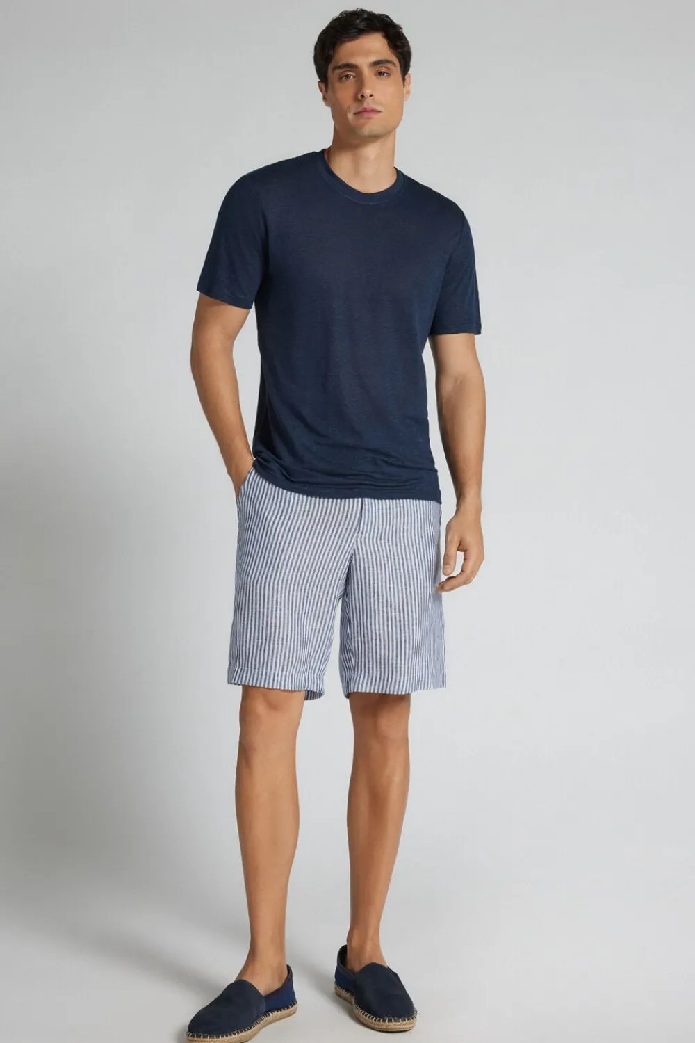 Spodnie|Len>Intimissimi Spodenki Męskie 100% Len w paski - 161k - riga bianco/blu