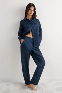 Legginsy / Spodnie|Len>Intimissimi Spodnie z Płótna Lnianego niebieski - 243j - sailor blue