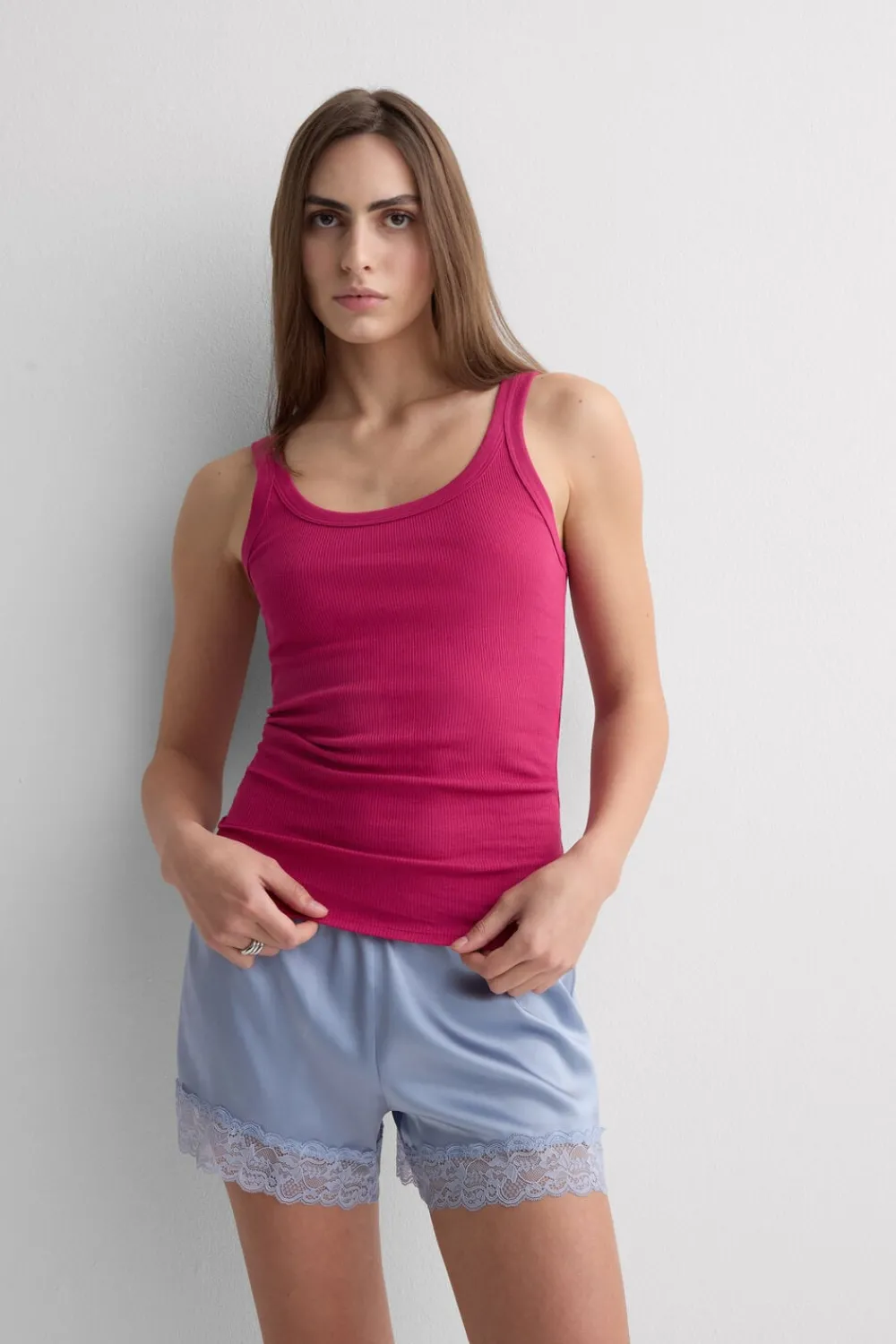 Topy|Bawełna>Intimissimi Tank Top Prążkowany z Bawełny Superior różowy - 110k - cherry pink