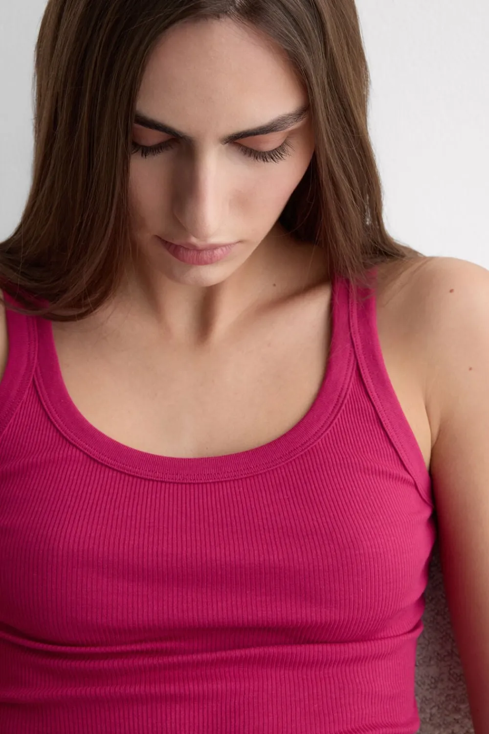 Topy|Bawełna>Intimissimi Tank Top Prążkowany z Bawełny Superior różowy - 110k - cherry pink