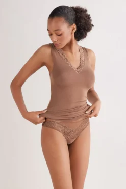 Topy|Modal>Intimissimi Tank Top z Modalu i Koronki Pretty Flower naturalny - 502i - caramel