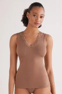 Topy|Modal>Intimissimi Tank Top z Modalu i Koronki Pretty Flower naturalny - 502i - caramel