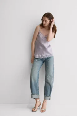 Topy|Piżamy Krótkie>Intimissimi Top z jedwabiu z koronką fioletowy - 056k - quartz lilac