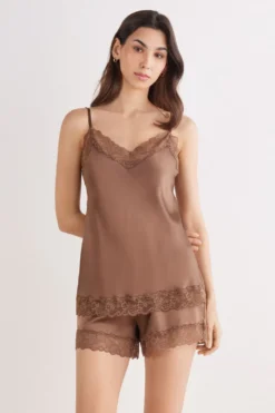 Topy|Piżamy Krótkie>Intimissimi Top z jedwabiu z koronką naturalny - 502i - caramel