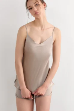 Topy|Piżamy Krótkie>Intimissimi Top z Satyny Jedwabnej z Dekoltem w Serek naturalny - 651i - dust beige