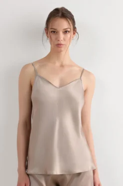 Topy|Piżamy Krótkie>Intimissimi Top z Satyny Jedwabnej z Dekoltem w Serek naturalny - 651i - dust beige