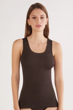 Topy|Ultralight Z Kaszmirem>Intimissimi Top z Szerokimi Ramiączkami z Modalu i Kaszmiru Ultralight brązowy - 130 - brązowy