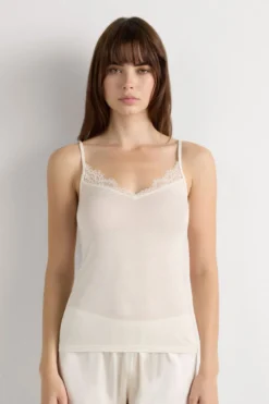 Topy|Ultralight Z Kaszmirem>Intimissimi Top z Ultralekkiego Modalu z Dodatkiem Kaszmiru i Koronki kremowy - 231i - vaniglia