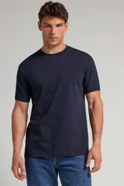 T-shirty>Intimissimi T-shirt męski z bawełny Muscle Fit niebieski - 800 - blu notte