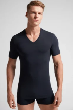 T-shirty|Bawełna Superior>Intimissimi T-shirt z Dekoltem w Kształcie Litery V z Elastycznej Bawełny Superior niebieski - 800 - blu notte