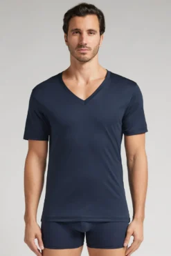 T-shirty|Merceryzowana Bawełna Filo Premium>Intimissimi T-shirt z Dekoltem w Kształcie Litery V z Merceryzowanej Bawełny filo Premium niebieski - 490j - blu navy