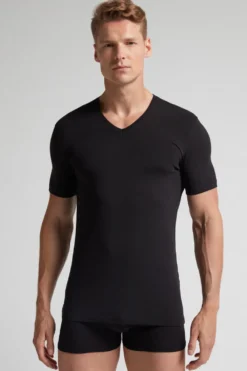 T-shirty|Bawełna Superior>Intimissimi T-shirt z Dekoltem w Kształcie Litery V z Elastycznej Bawełny Superior czarny - 019 - czarny