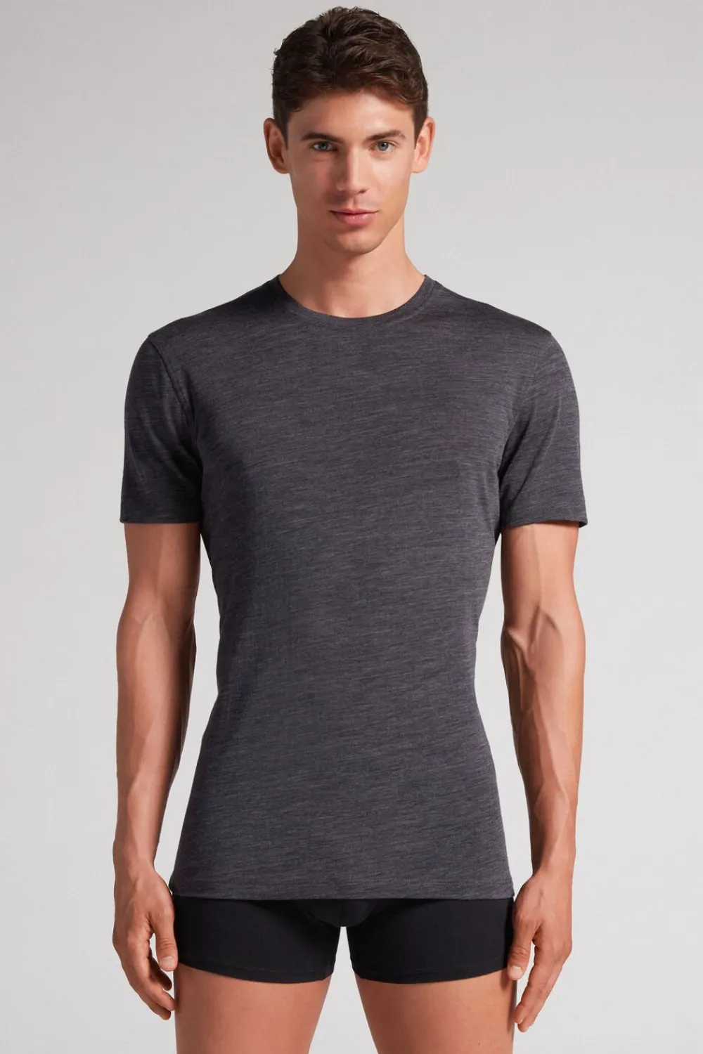 T-shirty|Wełna Merino>Intimissimi T-shirt z Krótkim Rękawem z Wełny Merino ciemnoszary - 7522 - antracyt melanż
