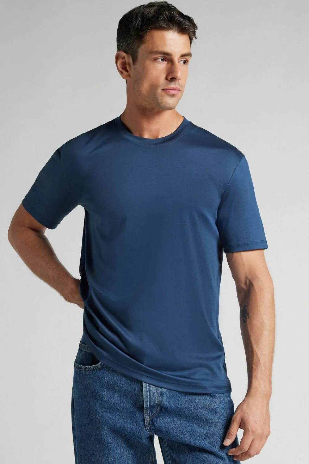T-shirty|Merceryzowana Bawełna Filo Premium>Intimissimi T-shirt z Merceryzowanej Bawełny filo Premium niebieski - 886j - blu gas